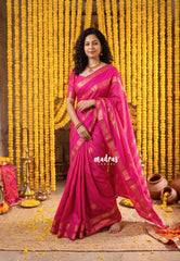 Queen's Pink-Gandaberunda - Avantika - Semi Mysore Silk Saree Checks with Gandaberunda Buttas Weaving and Rettapet Border - Perfect for Pooja Functions