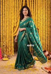 Classic Green-Gandaberunda - Avantika - Semi Mysore Silk Saree Checks with Gandaberunda Buttas Weaving and Rettapet Border - Perfect for Pooja Functions