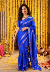 Bright Royal Blue-Gandaberunda - Avantika - Semi Mysore Silk Saree Checks with Gandaberunda Buttas Weaving and Rettapet Border - Perfect for Pooja Functions