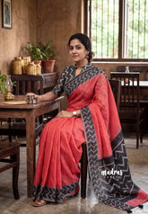 Tomato Red - Pragathi - Linen Cotton Saree Contrast Border and Blouse - Perfect for Office Wear | Casual Wear
