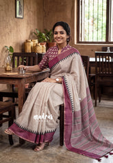 Biscut Beige - Pragathi - Linen Cotton Saree Contrast Pallu and Blouse - Perfect for Office Wear | Casual Wear