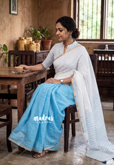 Ivory White and Sky Blue - Linen Cotton Saree Partly Pallu with Tiny Border - Best for Office Wear | Casual Wear