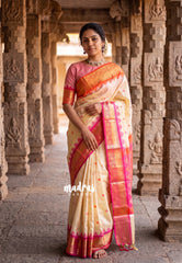 Creamy Ivory Beige-Contrast - Kanimozhi - Soft Silk Saree with Ganga Jamuna Border Contrast Pallu and Blouse - Best for Pooja Functions | Temple Visit