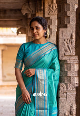 Bright Aqua Green - Kanimozhi - Soft Silk Plain with Mango Border - Best for Pooja Functions | Temple Visit