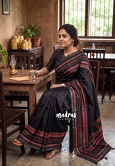 Jet Black - Roopa - Semi Tussar with Multiline Printed Border - Best for Office Wear | Get together | Casual Wear