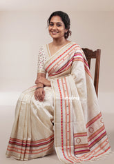 Ivory Cream - Roopa - Semi Tussar with Multiline Printed Border - Best for Office Wear | Get together | Casual Wear