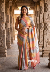Pastel Tri-Color - Yamini Paper Silk Saree with Stripes - Workwear Classic | Casual Wear