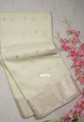 Ivory Beige - Maheswari - Premium Cotton Silk with Floral Border and Buttas - Perfect for Festive Wear