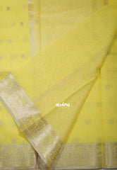 Pastel Lemon Yellow - Maheswari - Premium Cotton Silk with Floral Border and Buttas - Perfect for Festive Wear