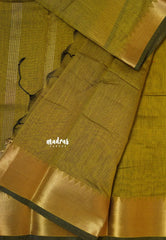 Warm olive - Maheswari - lightweigt cotton silk with rich gold border