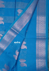 Neelanjali Blue - Maheswari - Cotton Silk with mango Buttas and Small Border - Best for Small Functions