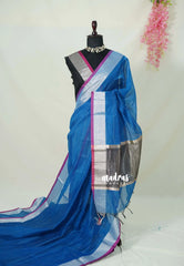 Cobalt Blue - Maheswari - Lightweight cotton Silk Saree with Horizontal Stripes - Best for Small Funcitons