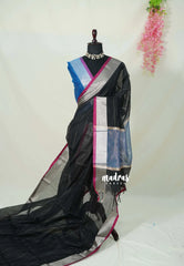 Jet Black - Maheswari - Lightweight cotton Silk Saree with Horizontal Stripes - Best for Small Funcitons