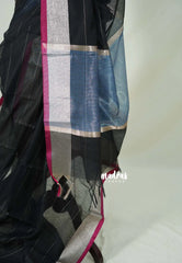 Jet Black - Maheswari - Lightweight cotton Silk Saree with Horizontal Stripes - Best for Small Funcitons