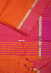Sunset Orange - Maheswari - Lightweight cotton Silk Saree Horizontal Stripes with Skirt Border - Best for Small Funcitons