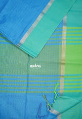 Olympic Blue - Maheswari - Lightweight cotton Silk Saree Horizontal Stripes with Skirt Border - Best for Small Funcitons