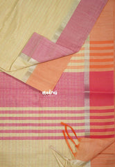 Sandal Beige - Maheswari - Lightweight cotton Silk Saree Horizontal Stripes with Ganga Jamuna Skirt Border - Best for Small Funcitons