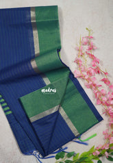 Navy Blue - Maheswari - Lightweight cotton Silk Saree Horizontal Stripes with Skirt Border - Best for Small Funcitons