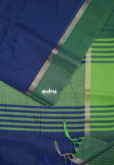 Navy Blue - Maheswari - Lightweight cotton Silk Saree Horizontal Stripes with Skirt Border - Best for Small Funcitons