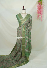 Sage Green - Rich Malai Silk Digital Prints with Floral Zari Border - Best for Small Functions | Casual Wear