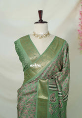 Sage Green - Rich Malai Silk Digital Prints with Floral Zari Border - Best for Small Functions | Casual Wear