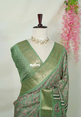 Sage Green - Rich Malai Silk Digital Prints with Floral Zari Border - Best for Small Functions | Casual Wear