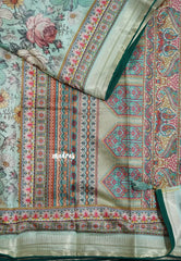 Aqua Green with Dark Green Piping - Malai Silk with Floral Prints and Small Border with Piping - Best for Regular Wear