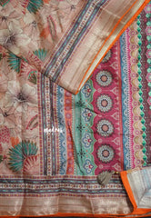 Earthy Peach with Orange Piping - Malai Silk with Floral Prints and Small Border with Piping - Best for Regular Wear