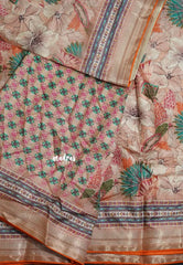 Earthy Peach with Orange Piping - Malai Silk with Floral Prints and Small Border with Piping - Best for Regular Wear
