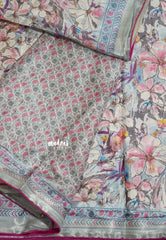 Bluish Grey with Queen's Pink Piping - Malai Silk with Floral Prints and Small Border with Piping - Best for Regular Wear