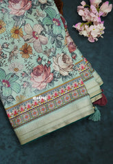 Aqua Green with Dark Green Piping - Malai Silk with Floral Prints and Small Border with Piping - Best for Regular Wear