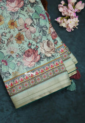 Aqua Green with Dark Green Piping - Malai Silk with Floral Prints and Small Border with Piping - Best for Regular Wear