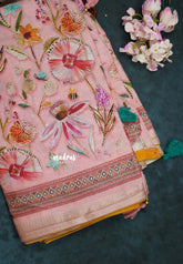 Pink with Yellow Piping - Malai Silk with Floral Prints and Small Border with Piping - Best for Regular Wear