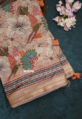 Earthy Peach with Pink Piping - Malai Silk with Floral Prints and Small Border with Piping - Best for Regular Wear