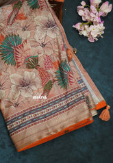 Earthy Peach with Orange Piping - Malai Silk with Floral Prints and Small Border with Piping - Best for Regular Wear
