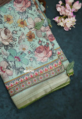 Aqua Green with Olive Green Piping - Malai Silk with Floral Prints and Small Border with Piping - Best for Regular Wear