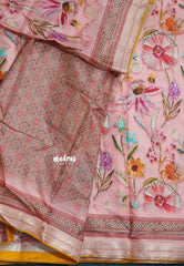 Pink with Yellow Piping - Malai Silk with Floral Prints and Small Border with Piping - Best for Regular Wear