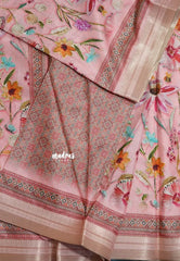 Pink - Malai Silk with Floral Prints and Small Border - Best for Regular Wear