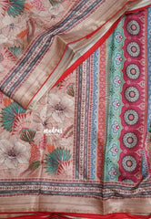 Earthy Peach with Red Piping - Malai Silk with Floral Prints and Small Border with Piping - Best for Regular Wear