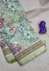 Aqua Green with Green Piping - Malai Silk with Floral Prints and Small Border with Piping - Best for Regular Wear