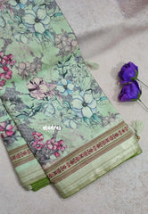 Aqua Green with Green Piping - Malai Silk with Floral Prints and Small Border with Piping - Best for Regular Wear