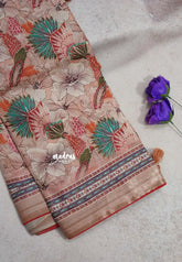 Earthy Peach with Red Piping - Malai Silk with Floral Prints and Small Border with Piping - Best for Regular Wear