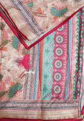 Earthy Peach with Queen's Pink Piping - Malai Silk with Floral Prints and Small Border with Piping - Best for Regular Wear
