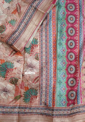 Earthy Peach with Pink Piping - Malai Silk with Floral Prints and Small Border with Piping - Best for Regular Wear