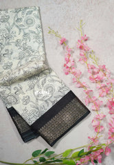 Ivory white - Malgudi printed silk pen kalamkari prints with zari border Design 2 - Best for Office Wear | Casual Wear