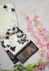 Ivory white - Malgudi printed silk leaf prints with zari border Design 6 - Best for Office Wear | Casual Wear