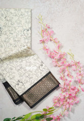 Ivory white - Malgudi printed silk pichwai prints with zari border Design 4 - Best for Office Wear | Casual Wear