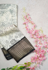 Ivory white - Malgudi printed silk nature prints with zari border Design 3 - Best for Office Wear | Casual Wear