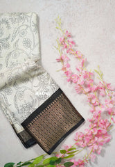 Ivory white - Malgudi printed silk floral prints with zari border Design 5 - Best for Office Wear | Casual Wear