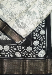 Ivory white - Malgudi printed silk nature prints with zari border Design 3 - Best for Office Wear | Casual Wear